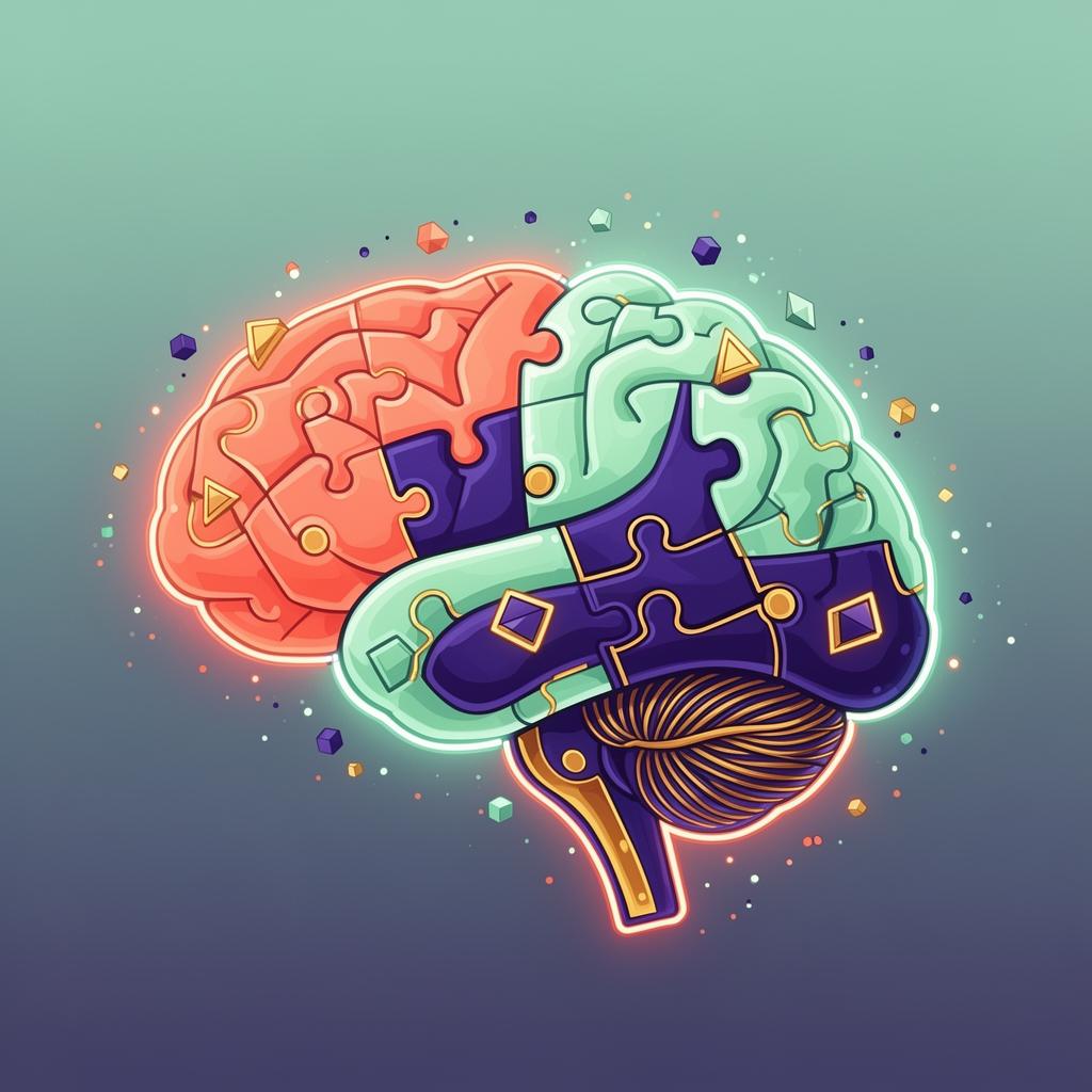 A colorful illustrated brain made of puzzle pieces representing curiosity and cognition